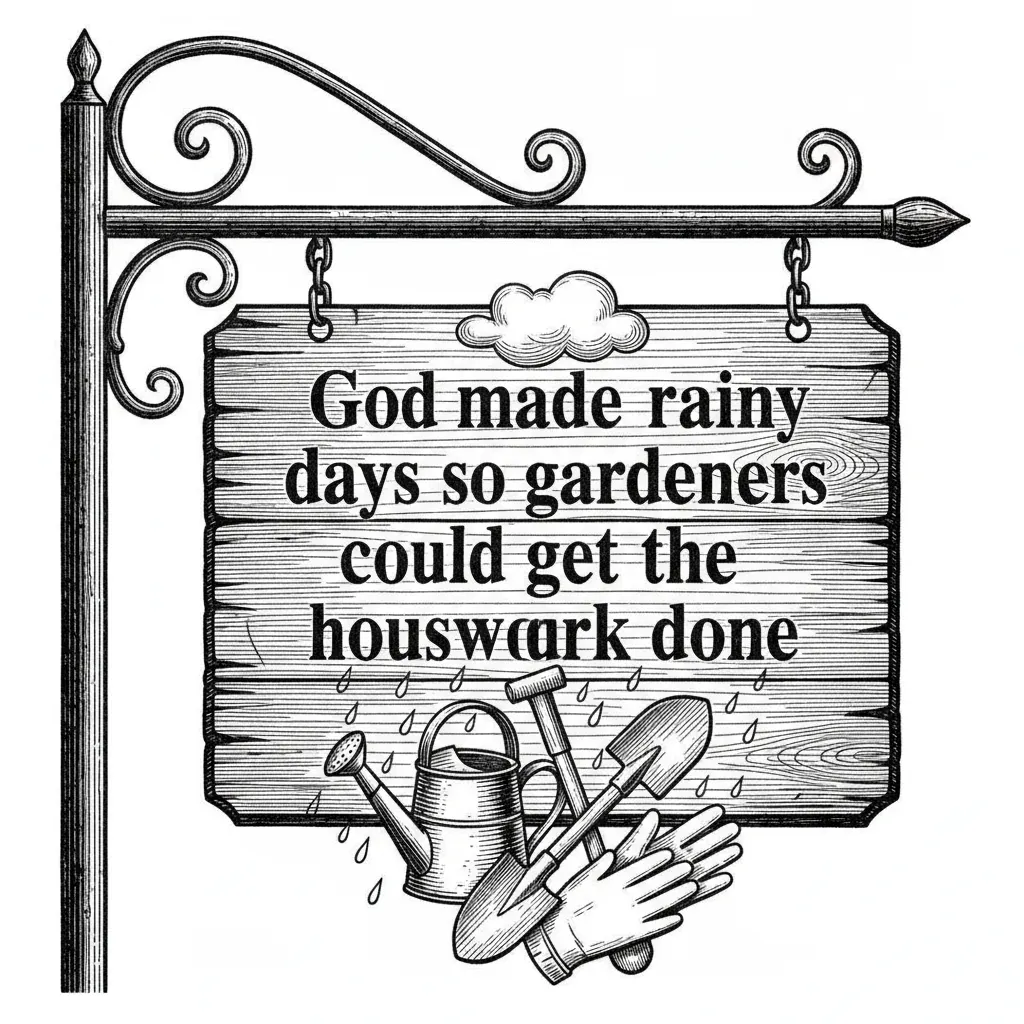 Garden sign saying "God made rainy days so gardeners could get the housework done"