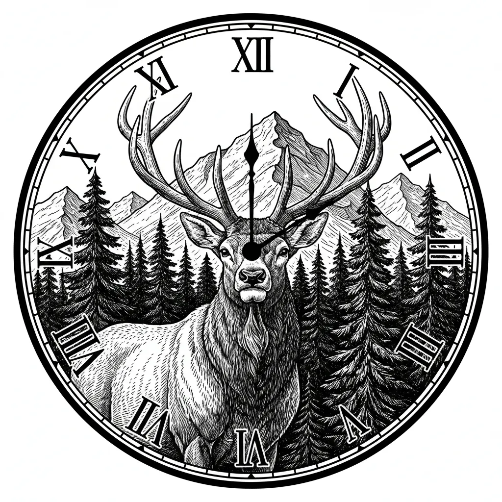 Elk with a forested mountain background in the image of a clock keeping the entire image on a round surface