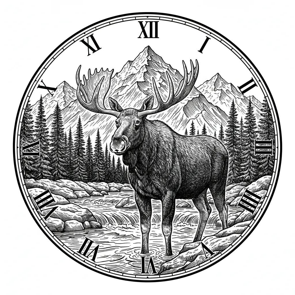 bull moose in a mountain creek with a mountainous background in a traditional clock formation staying in a circular format