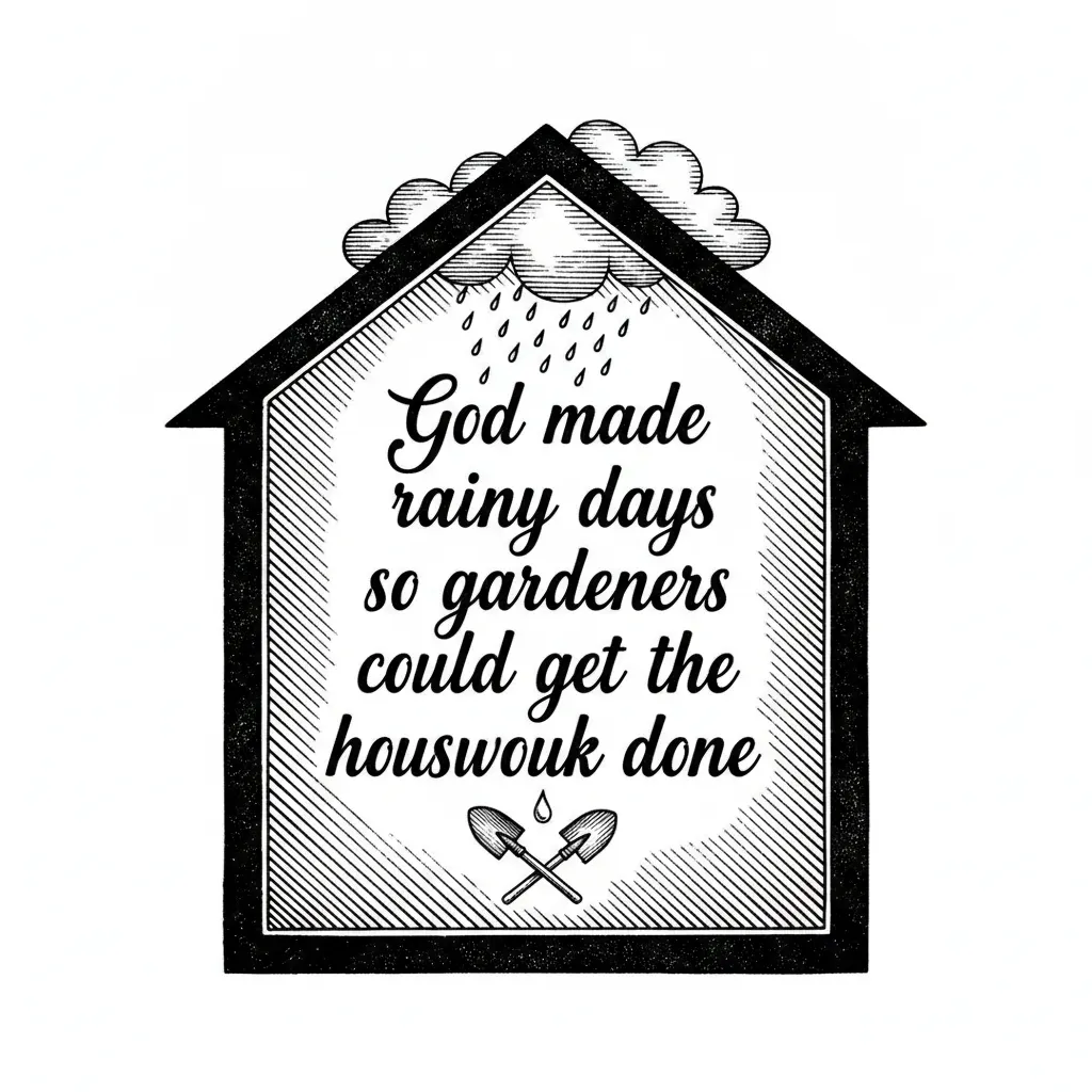 "God made rainy days so gardeners could get the housework done" written in a house shape frame