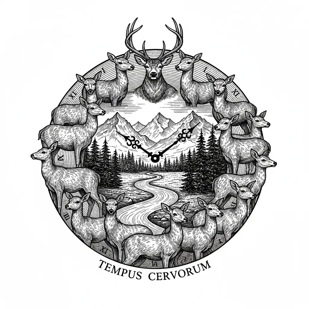 A group of Doe's with one buck in the format of a clock with a mountain and river background with some trees