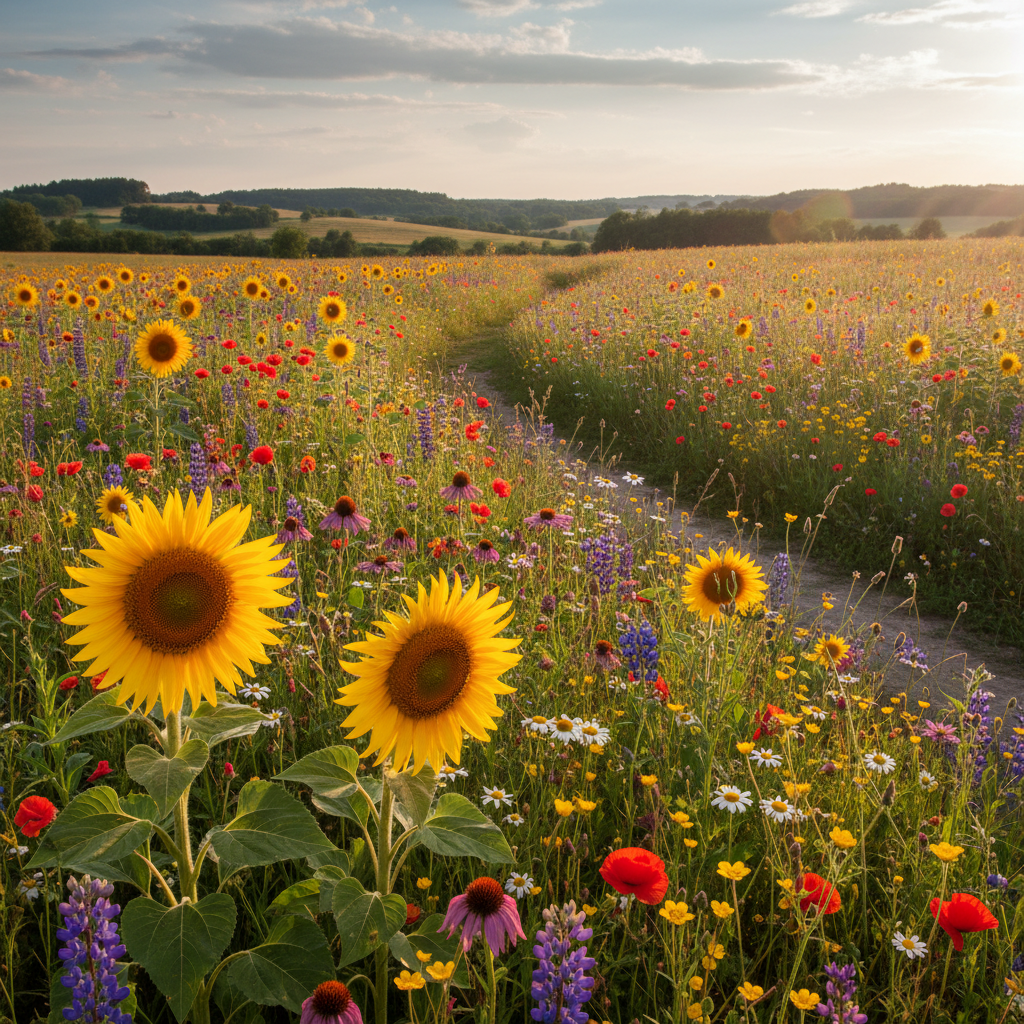 Create an image with wild flowers and sunflowers
