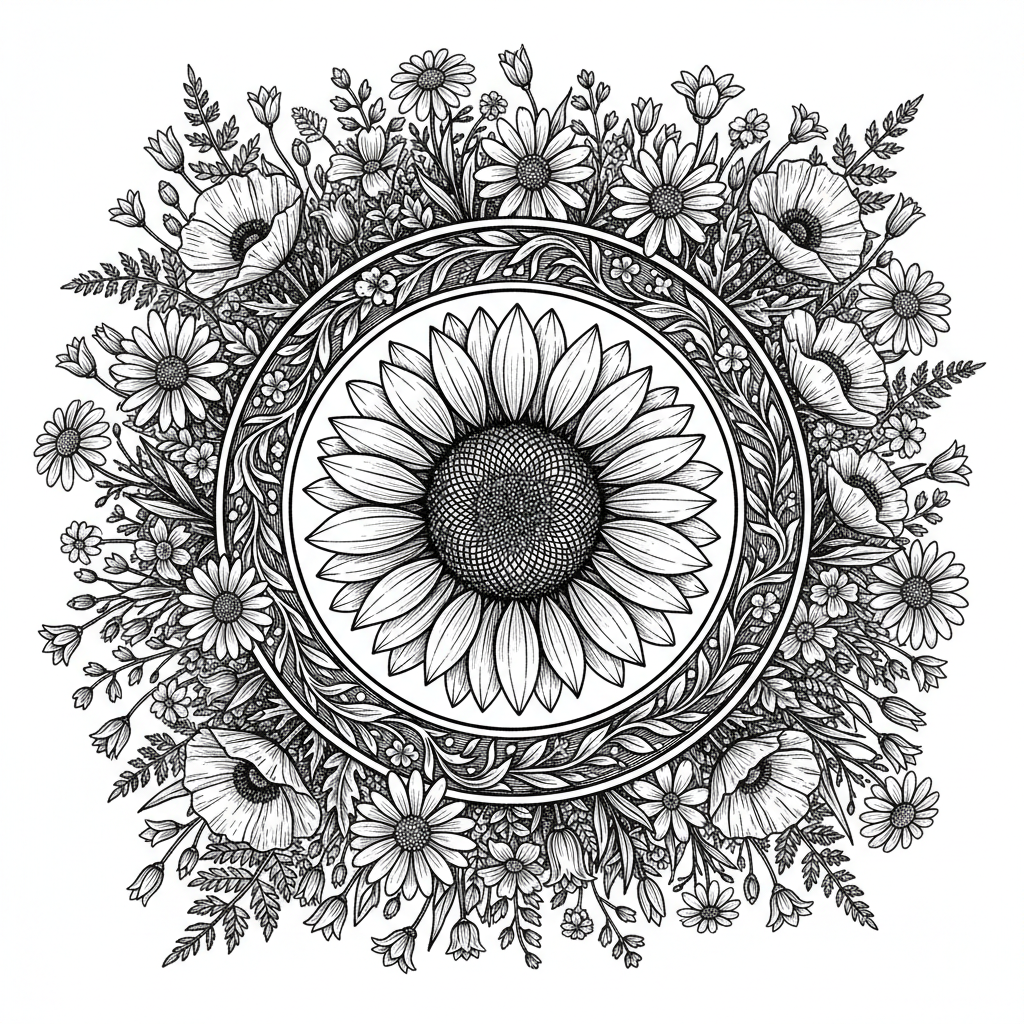 beautiful sunflower and wild flower picture in a circular frame