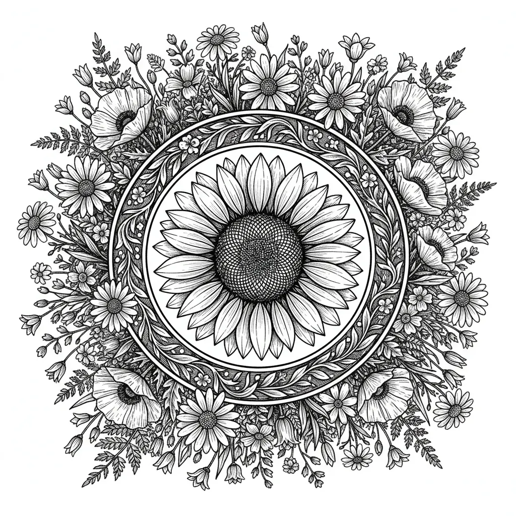 beautiful sunflower and wild flower picture in a circular frame