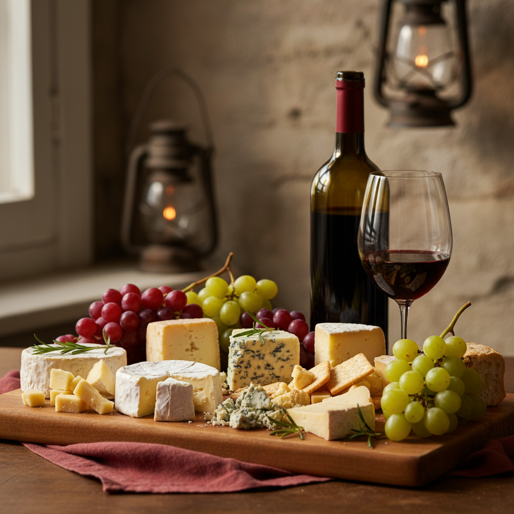 A nice wine and cheese image with grapes