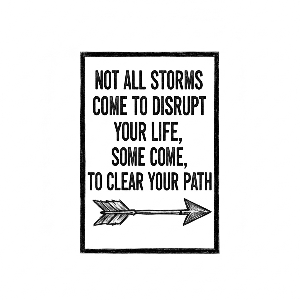 The quote "Not all storms come to disrupt your life, some come, to clear your path" framed in a gentle 5 1/2" Wide by 10" frame with an arrow underneath the quote