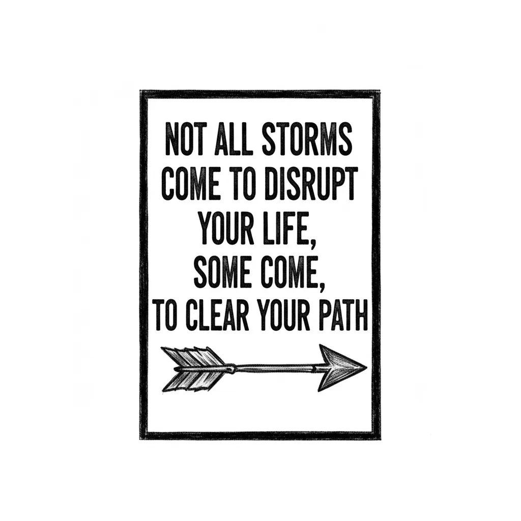 The quote "Not all storms come to disrupt your life, some come, to clear your path"  framed in a gentle 5 1/2" Wide by 10" frame with an arrow underneath the quote