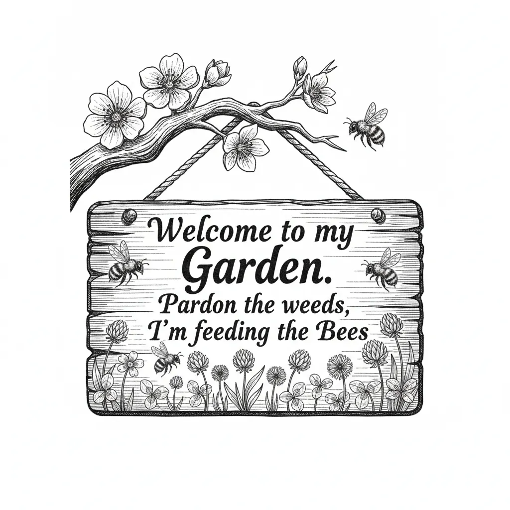 A garden sign saying "Welcome to my Garden. Pardon the weeds, I'm feeding the Bees"