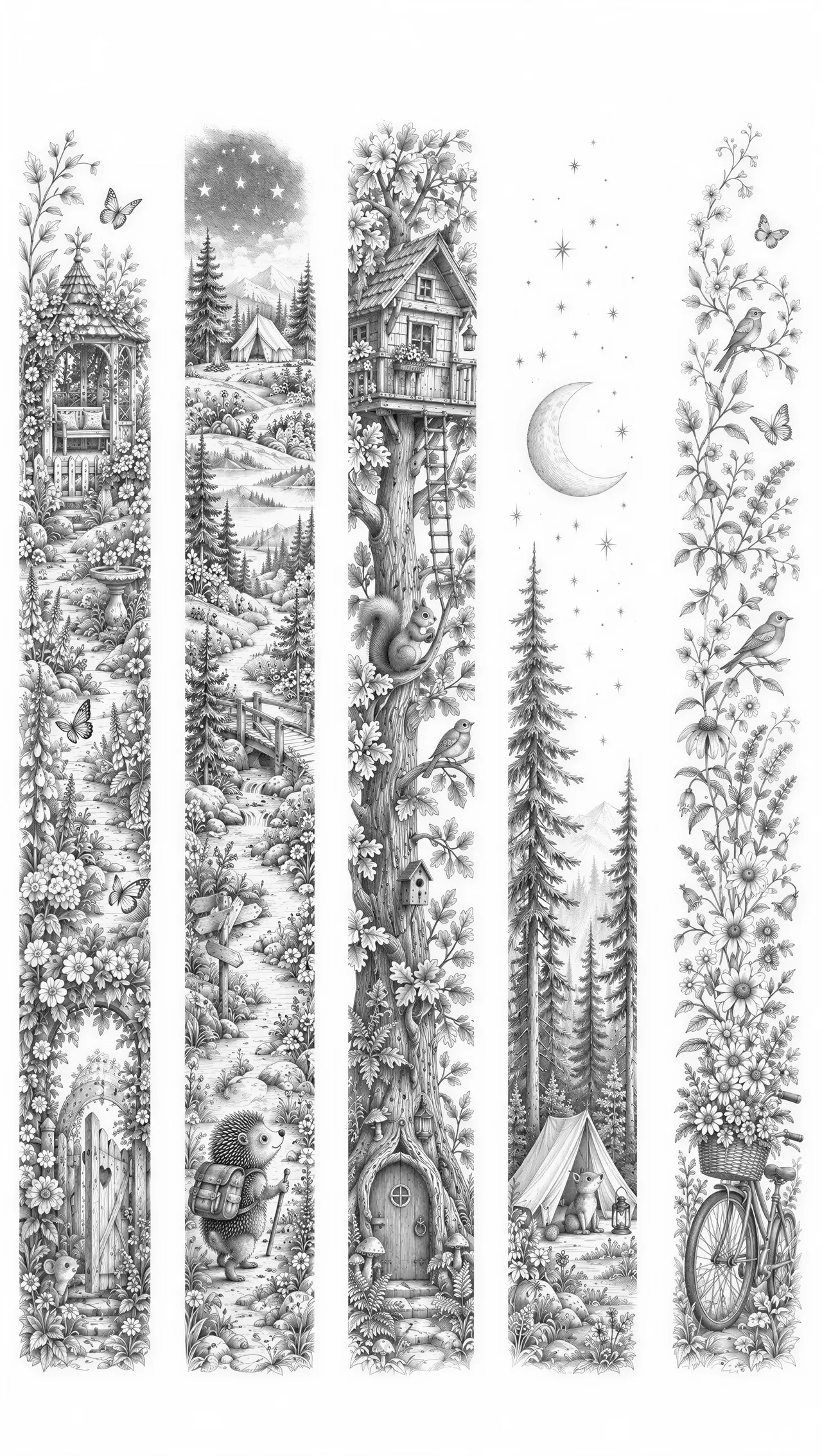 Use the reference image as the visual style reference. Create a coordinated collection of five separate very tall and narrow vertical bookmark illustrations, all in the same charming Master Pencil woodland storybook style. Each illustration must be designed specifically for a wooden bookmark measuring approximately 50 x 180 mm, with a very tall 1:3.6 vertical composition. Make full use of the unusual narrow shape and let the story naturally unfold from bottom to top. Create these five completely different designs: 1. The secret garden: at the bottom, a tiny old garden gate stands slightly open. A narrow winding path travels upward through delicate wildflowers, ferns and climbing plants. Add butterflies, a tiny hidden mouse and, near the top, a beautiful little garden bench or gazebo partially hidden among the flowers. Dreamy, magical and peaceful. 2. A little adventure: at the bottom, a small woodland animal wearing a backpack begins a journey. A winding path leads upward through the entire bookmark, passing a tiny wooden signpost, a little bridge, flowers and distant hills. Near the top is a tiny tent beneath the stars. Create the feeling of one complete miniature journey from bottom to top. 3. The treehouse: one beautiful old tree forms the vertical structure of the entire bookmark. At the bottom are visible roots, mushrooms and a tiny mysterious door in the trunk. Higher up, branches hold a bird, leaves and a playful squirrel. At the very top is a charming little treehouse reached by a tiny ladder or rope ladder. Full of subtle discoveries. 4. Under the stars: at the bottom is a tiny cozy tent with a small woodland animal sitting outside beside a lantern. Tall slender pine trees guide the eye upward through the composition. Above them is a large peaceful crescent moon surrounded by delicate stars. Keep this design slightly simpler and more open than the others, with plenty of white space. 5. The flower bicycle: at the bottom is a charming vintage bicycle with a basket overflowing with wildflowers. Flowers, delicate stems and leafy vines grow upward from the basket through the entire bookmark, gradually becoming lighter and more delicate toward the top. Add a few butterflies and one tiny bird among the flowers. Elegant, joyful and suitable for adults as well as children. IMPORTANT: these must look like five genuinely different bookmark designs, not five variations of the same woodland scene. Use animals only where specified. The secret garden and flower bicycle should remain primarily botanical rather than animal-focused. All animals must have natural, anatomically coherent species-specific features: correct faces, ears, paws, legs and tails, no strange markings, extra limbs or hybrid features. Fine hand-drawn Master Pencil illustration with delicate pencil shading, fine linework and subtle cross-hatching. Detailed but clearly readable for laser engraving on light wood. Avoid dark solid areas and excessively dense micro-detail. Each individual illustration must be extremely tall and narrow, approximately 1:3.6. Do not create square or ordinary portrait illustrations. Arrange all five bookmark illustrations separately next to each other on one pure white canvas, with generous white space between them. No touching or overlap. No text, letters, numbers, borders, bookmark outlines, holes or backgrounds.