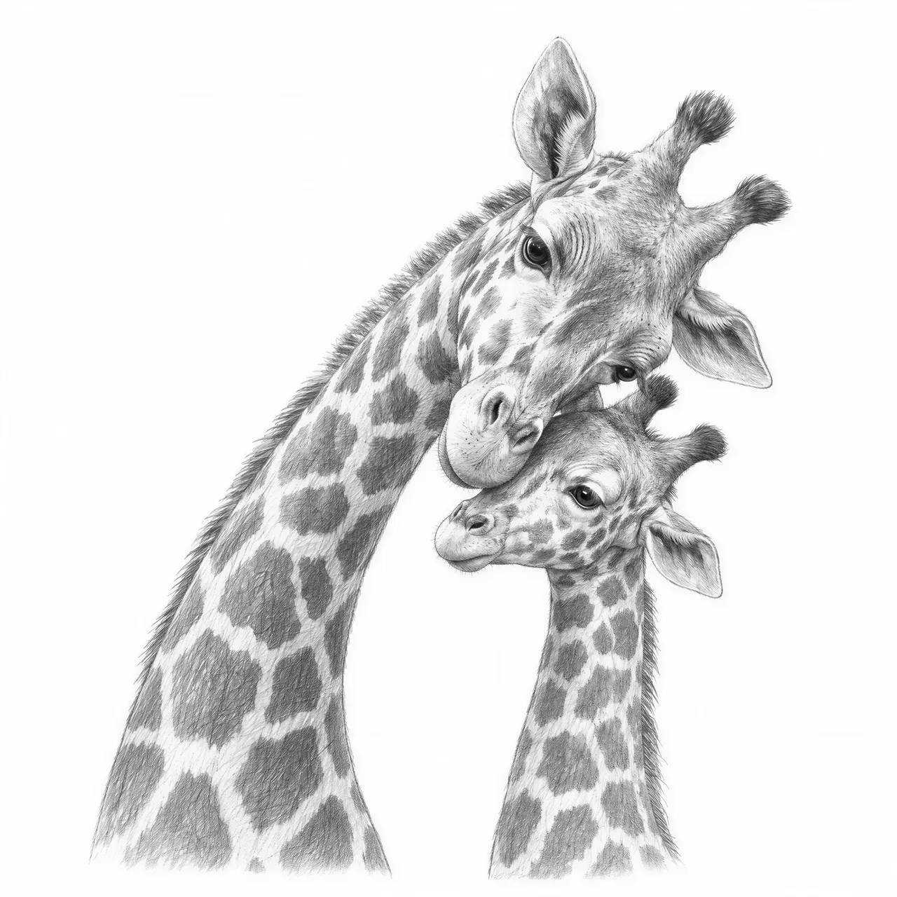 Use the uploaded reference image as the source for the two giraffes. Recreate only the two giraffes from the reference image as a beautiful hand-drawn Master Pencil illustration. Preserve their recognizable pose and interaction: a taller adult giraffe on the left gently bends its long neck toward the smaller young giraffe on the right. Their heads are nestled affectionately together, with the adult giraffe's head resting closely above and against the younger giraffe. Keep the proportions, positioning and gentle affectionate feeling of the original giraffes recognizable, while transforming them into a refined Master Pencil woodland-storybook drawing. The giraffes should have natural, anatomically coherent giraffe features: correct ears, ossicones, muzzles, eyes, neck proportions and giraffe markings. Their expressions should be sweet, warm and gentle, but not overly cartoonish and without exaggerated oversized eyes. Use fine hand-drawn pencil linework, delicate shading, subtle cross-hatching and beautifully defined giraffe markings. Create enough contrast between the patches and lighter fur for the pattern to remain clearly readable when laser engraved on wood. Keep the illustration light, airy and laser-friendly. Avoid overly dark solid areas, dense gray shading and excessive micro-detail. Show the two giraffes from approximately the lower neck/chest upward, similar to the reference image. Do not add full bodies. Isolate the giraffes completely on a pure white background. Do not include the name Sam, the heart, the giraffe-pattern border, horizontal line, card background, hanging cord, hole, text or any other elements from the original card. No flowers, foliage, scenery, frame or additional decorative elements. Only the two affectionate giraffes. The final result should feel warm, timeless and refined, suitable for laser engraving as the central illustration on a personalized wooden money box.
