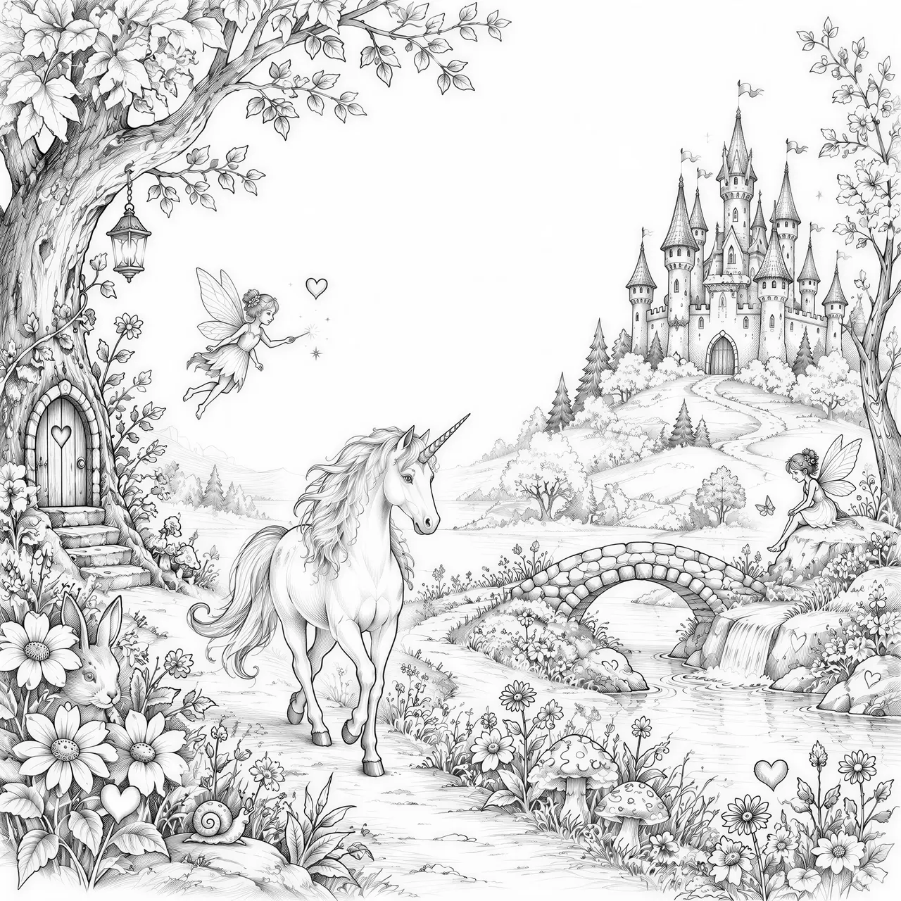 Create an enchanting fairytale landscape for a personalized baby gift, designed for laser engraving on wood. Build one cohesive magical storybook scene with a charming fairytale castle in the distance, a gentle unicorn walking along a winding path, and tiny fairies exploring the landscape. Surround them with whimsical flowers, small mushrooms, soft grasses, delicate trees and a little stone bridge. Add several simple hand-drawn hearts naturally throughout the scene as magical recurring elements: a heart hidden in flowers, a heart-shaped detail on a tiny fairy door, a small floating heart near a fairy, and subtle hearts hidden elsewhere in the landscape. Include charming hidden storytelling details that are discovered when looking closely, such as a tiny fairy door in a tree, a miniature snail, a little rabbit peeking from behind flowers, and sparkling magical details. Leave a generous calm open area near the upper-middle/center of the composition for adding a child's name later. Do not generate any text or name. The illustration should feel magical, dreamy, sweet and imaginative, but not overly babyish or cartoonish. Create elegant black and white pencil-style linework with clear contrast, delicate shading and enough open white space for clean laser engraving on wood. Avoid very dark areas, dense backgrounds, heavy shadows and excessive micro-detail. The complete scene should read as one connected magical world rather than a collection of separate decorative elements.