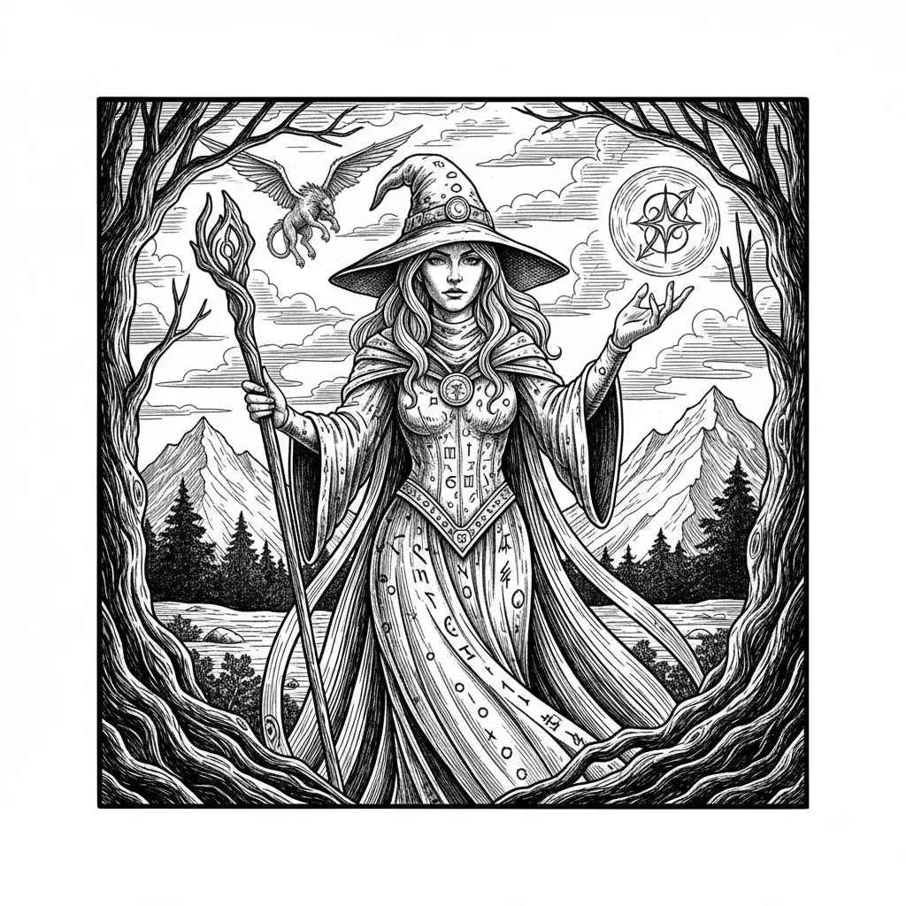 12 x 12 basswood painted black female wizard scene