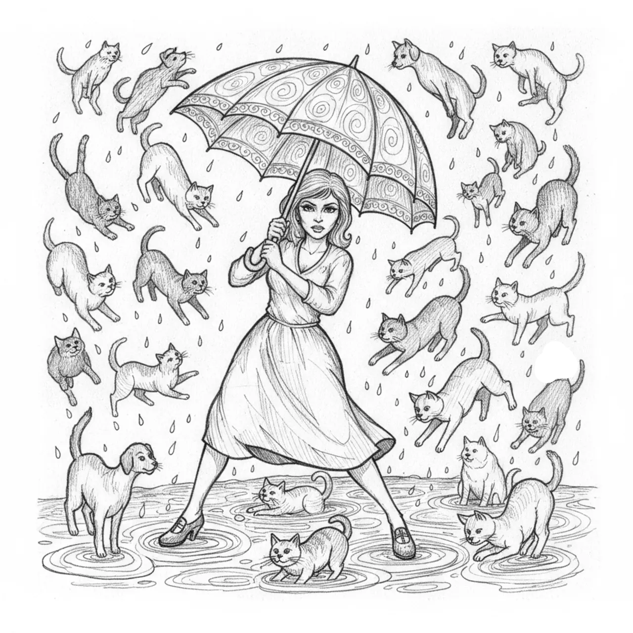 raining cats and dogs female human umbrella