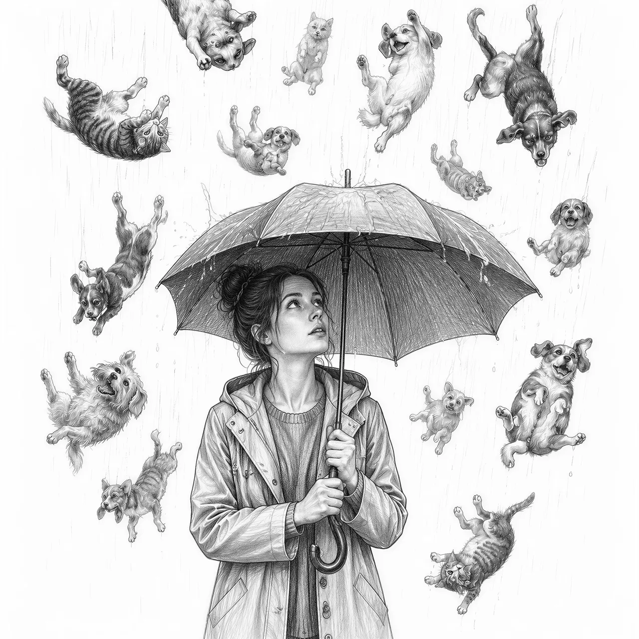 raining cats and dogs female human umbrella
