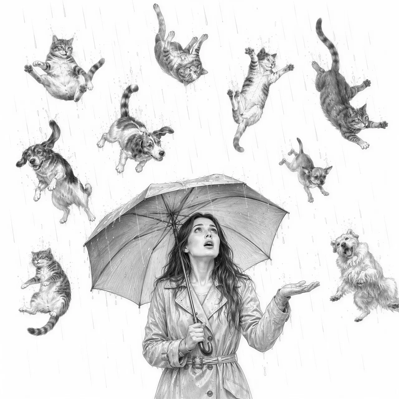raining cats and dogs female human showing raindrops