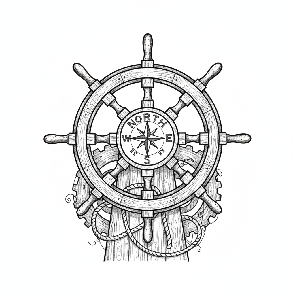 WOODEN BOAT HELM WITH COMPAS NORTH,SOUTH EAST