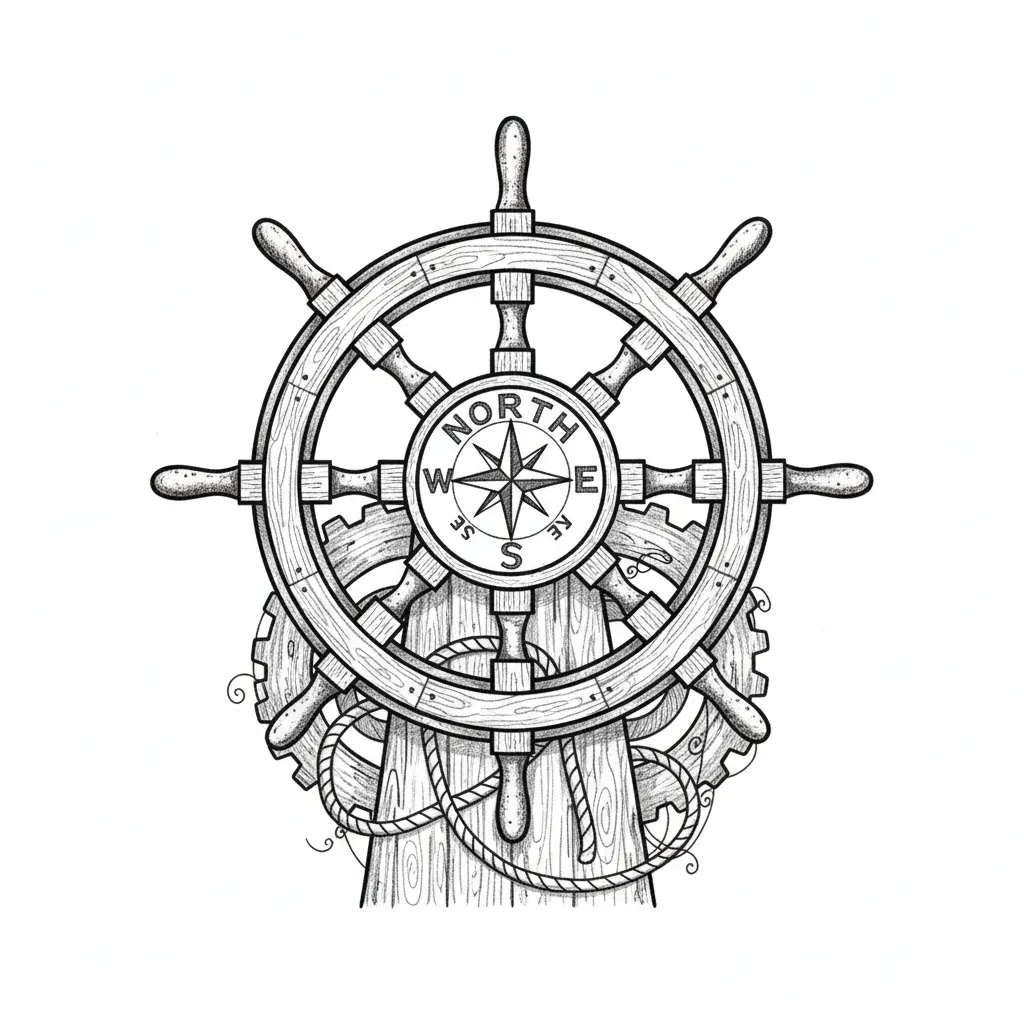 WOODEN BOAT HELM WITH COMPAS NORTH,SOUTH EAST
