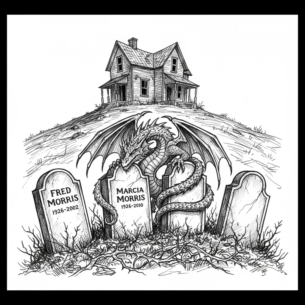an old house on a hill in the background and in the fore ground are 4 head stones with a dragon protecting them the name on 1 head stone is Fred Morris 1926-2002 the second head stone Marcia Morris 1926-2010