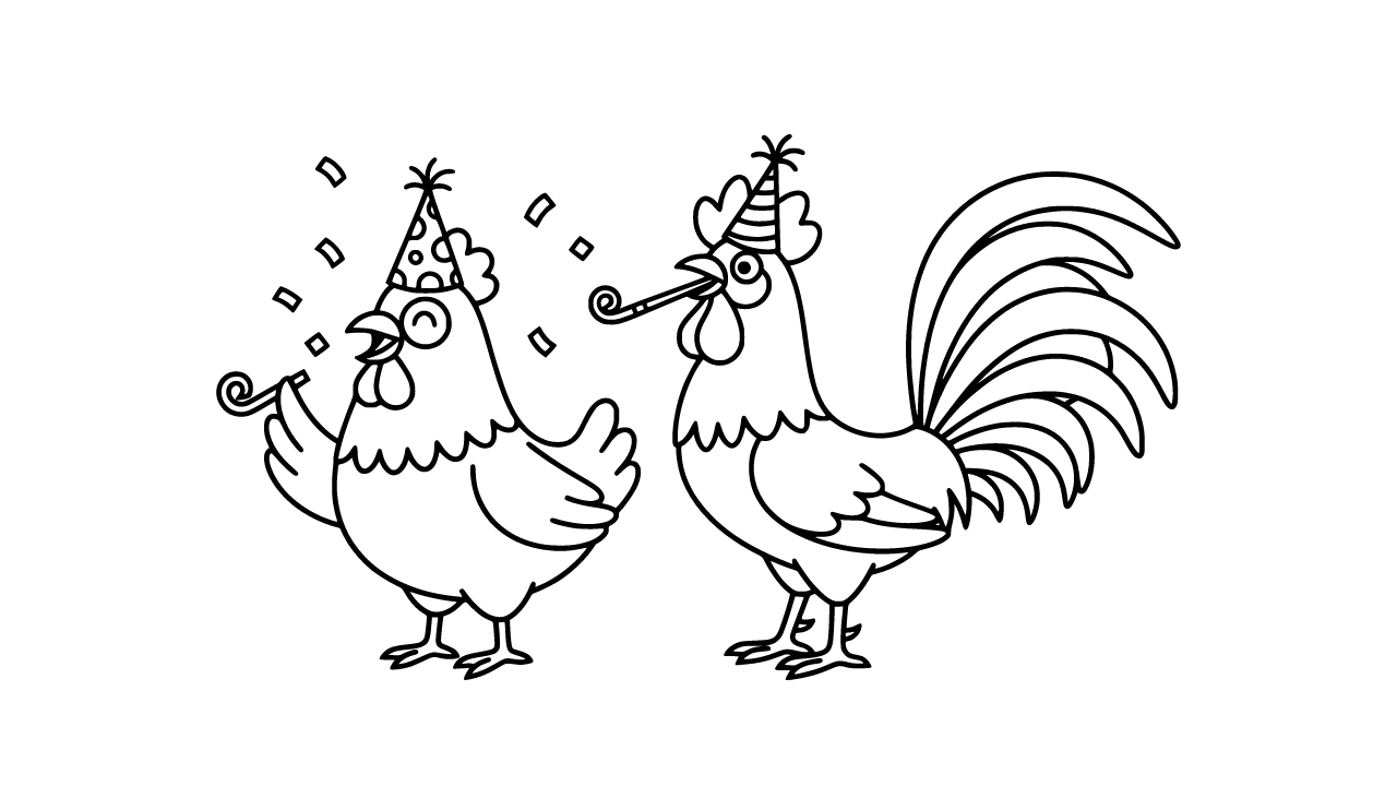 Make a image of party Chicken and and party cock only outlines