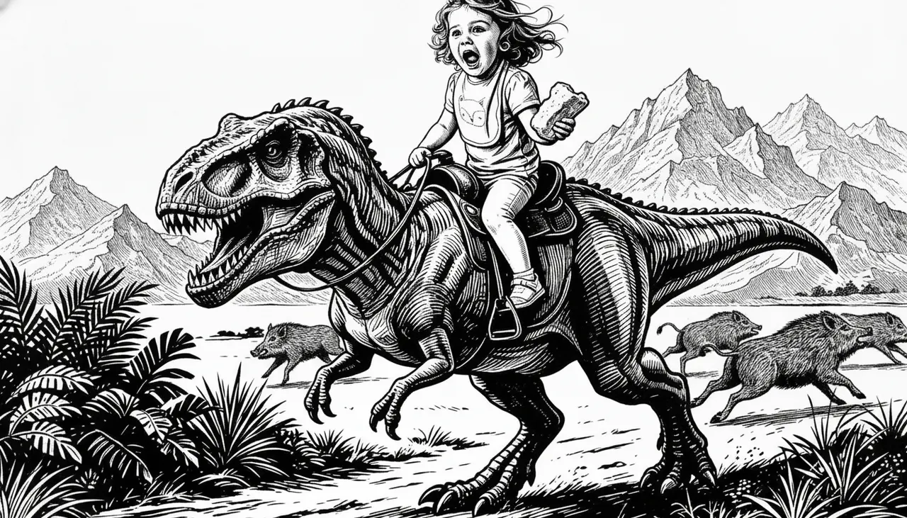 espandi 'immagine, ingrandisci del 30% il dinosauro. aggiungi dei cinghiali in fuga davanti al dinosauro. aggiungi delle montagne sullo sfondo. non cambiare o modificare la bambina