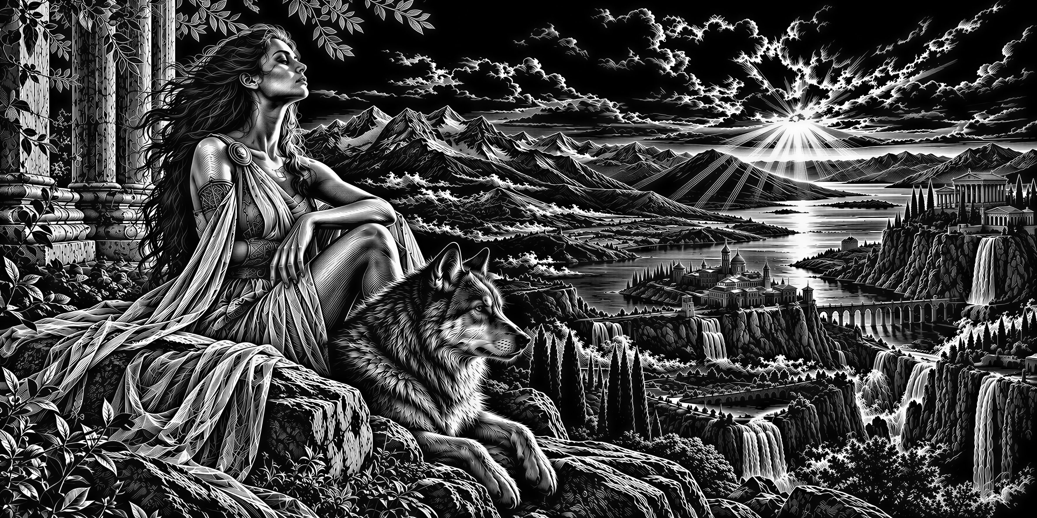 Goddess Wolf Mountains Waterfalls Ancient Ruins - Téléchargement PNG ...