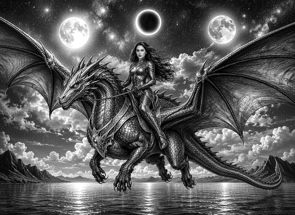 estendi immagine per mostrare interamente il drago, cambia il volti della cavaliera con quello di Megan fox