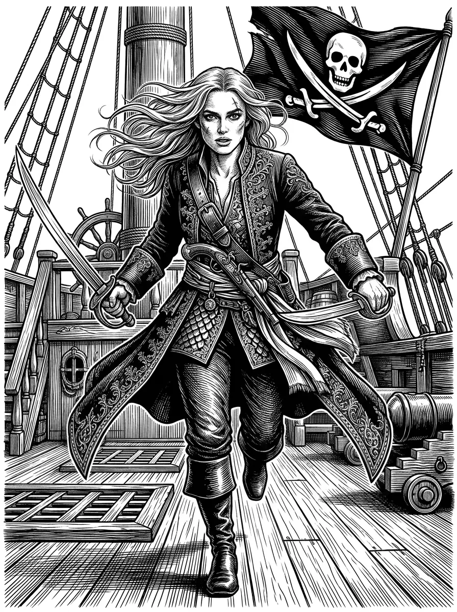 usando il soggetto come esempio crea una nuova immagine ambientata sul ponte di una nave pirata con un jolly Roger al vento, dai un maggiore dinamismo e dramma alla scena cambiando la posa mentre la donna corre verso degli avversari fuori campo.
modifica gli abiti per renderli più coerenti con quelli di un pirata.
l'immagine deve catturare il dinamismo e la drammaticità di un combattimento, capelli mossi, e altri dettagli