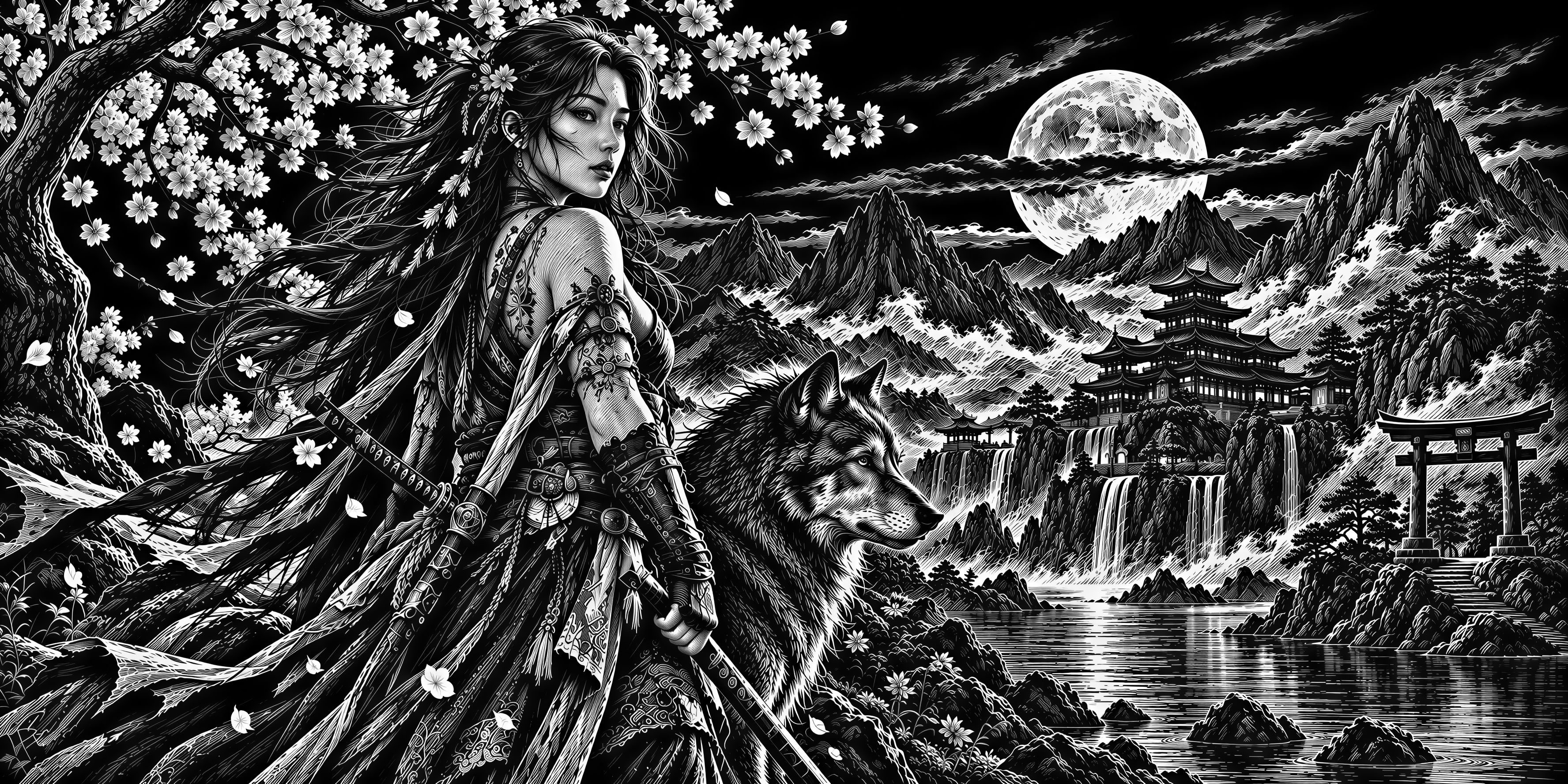 Warrior Wolf Sakura Japanese Temple Moon - Téléchargement PNG gratuit ...