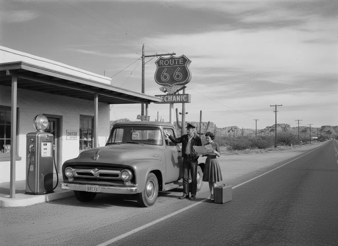 crea un immagine vintage di un vecchio camion anni 50 fermo ad una stazione di servizio sulla rute 66 americana