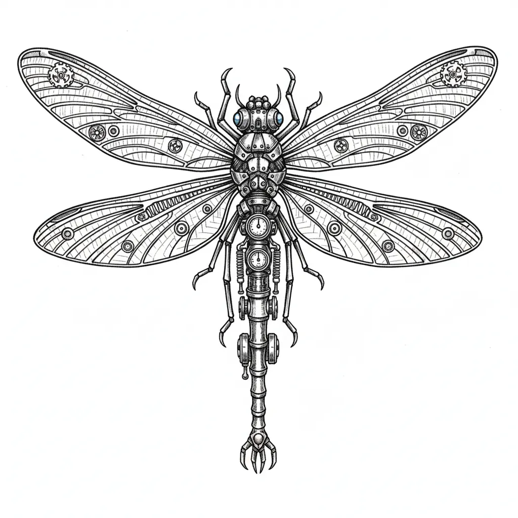crea una libellula steampunk, con ali fatte di fili metallici intrecciati, il corpo composto da parti metalliche e ingranaggi. rendi l'immagine più simile possibile a una vera libellula, ma con  dettagli evidenti della natura meccanica. metti uno sfondo chiaro, tratti decisi senza sfumature per esaltare i dettaglli, visuale dall'alto per mettere in risalto i dettagli di ali e corpo.