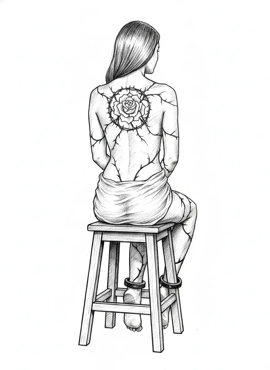 crea l'immagine a figura intera  di una ragazza seduta di spalle  su uno sgabello di legno.
Un drappo di stoffa simile a seta, ma quasi trasparente le copre i fianchi, lasciando scoperte la schiena e le gambe.
al centro della schiena, all'altezza delle spalle,  c'è un tatuaggio di una rosa incorniciata da rovi con spine, da questo partono altri rovi che raggiungono il fondo schiena,  braccia e  gambe.
mentre si allontanano dalla rosa i viticci si fanno più piccoli e terminano in un anello che cionge i polsi e le caviglie.