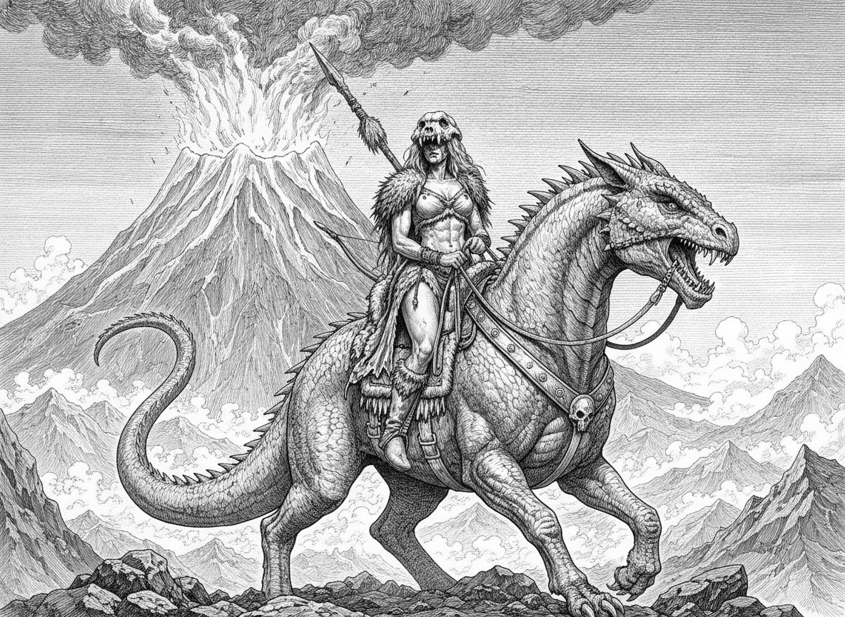 metti la donna a cavallo di una creatura simile a drago con la forma simile a un cavallo dotato di sella e briglie. la cavalcatura non ha ali, ma grandi artigli e e zanne che spuntano da una bocca minacciosamente aperta. mantieni l'ambientazione , aggiungi una grande vulcano in eruzione sullo sfondo . mantieni gli elementi dell'abbigliamento della donna. mantieni lo stile del disegno originale