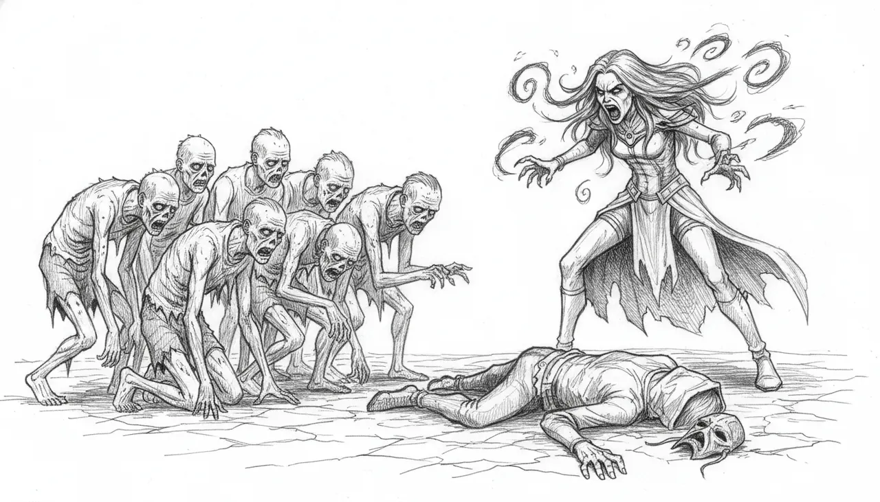 realizza un immagine monocromatica di Liliana Vess che sgrida un gruppo di zombie che hanno ucciso per sbaglio il planeswalker jace.
mostra il pentimento e la paura negli zombie, mentre Liliana è furiosa e sprizza potere
realizza l'immagine in alta definizione, in monocromia, senza sfumature con contrasti netti e ampli spazzi.