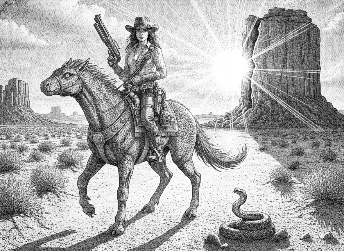 metti la donna a cavallo di una creatura simile a rettile che si è evoluto in una forma simile a un cavallo, mantieni l'ambiente desertico,  aggiungi una grande roccia sullo sfondo spezzata a metà dalla quale filtrano i raggi del sole che tramonta.
sostituisci il  vecchi fucile con una arma fantascientifica, aggiungi dei gadget stempunk all'abbigliamento