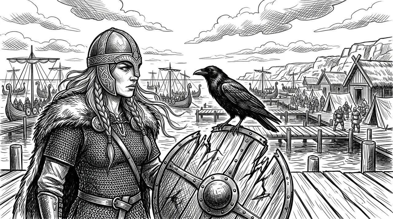 crea un immagine realistica di un porto vikingo con una guerriera in primo piano che fissa un corvo appoggiato su uno scudo spezzato