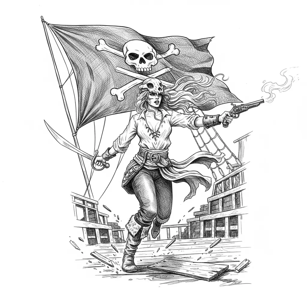 usando il soggetto come esempio crea una nuova immagine ambientata sul ponte di una nave pirata con un jolly Roger al vento, dai un maggiore dinamismo e dramma alla scena cambiando la posa mentre la donna corre verso degli avversari fuori campo.
modifica gli abiti per renderli più coerenti con quelli di un pirata.
l'immagine deve catturare il dinamismo e la drammaticità di un combattimento, capelli mossi, e altri dettagli