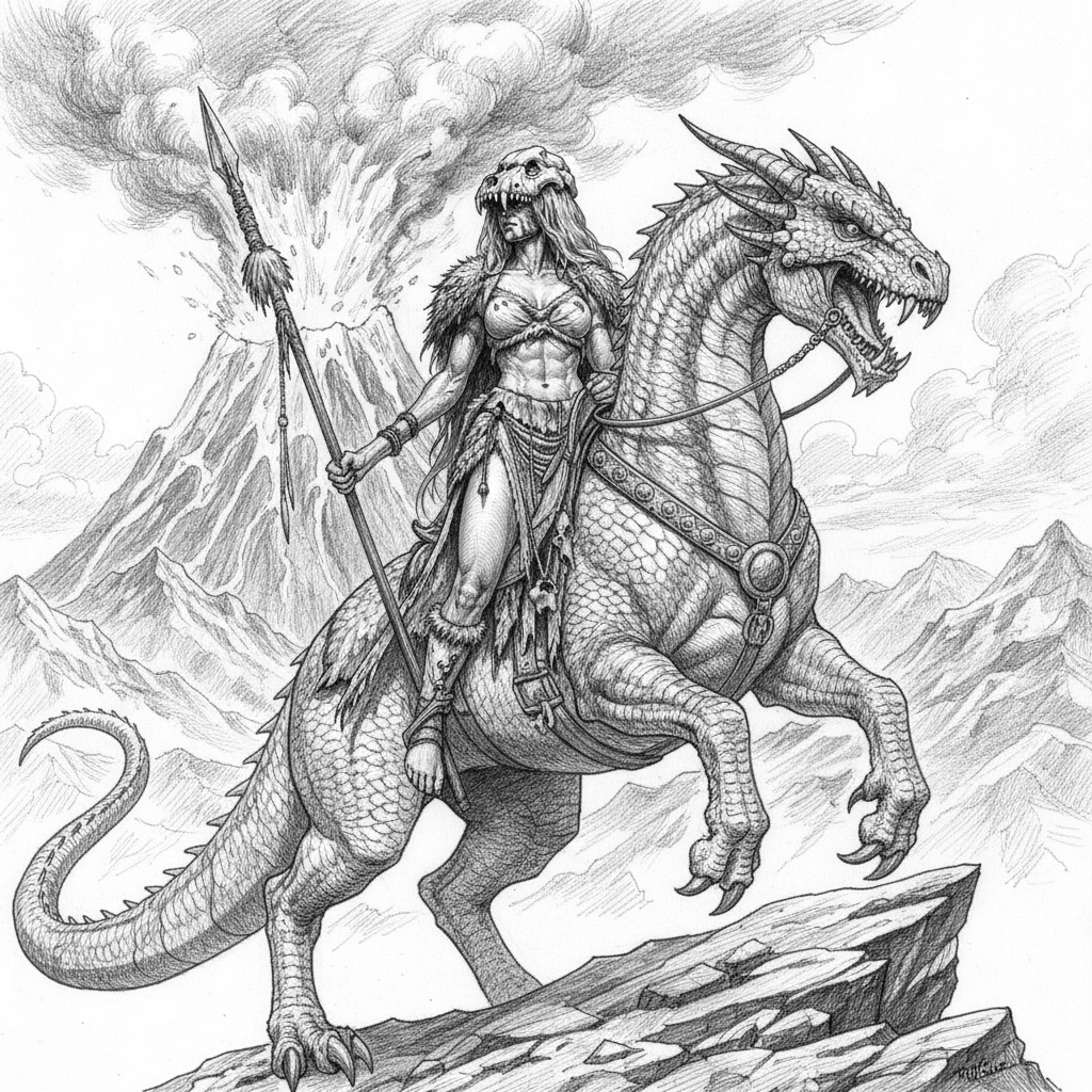 metti la donna a cavallo di una creatura simile a drago con la forma simile a un cavallo dotato di sella e briglie.
la cavalcatura non ha ali, ma grandi artigli e e zanne che spuntano da una bocca minacciosamente aperta.
 mantieni l'ambientazione , aggiungi una grande vulcano in eruzione sullo sfondo . mantieni gli elementi dell'abbigliamento della donna.
mantieni lo stile del disegno originale