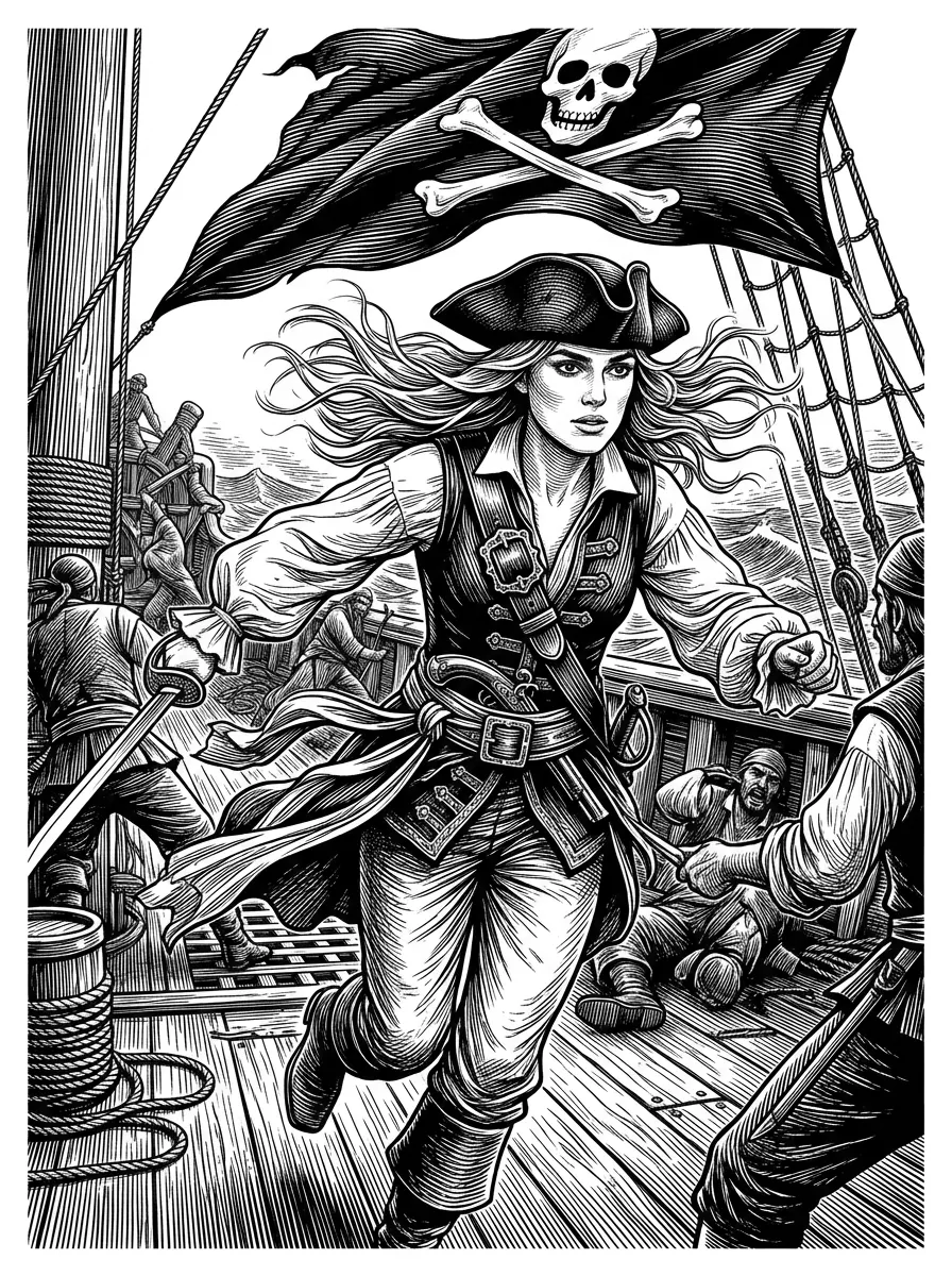 usando il soggetto come esempio crea una nuova immagine realistica ambientata sul  ponte di una nave pirata con un jolly Roger al vento, dai un maggiore  dinamismo e dramma alla scena cambiando la  posa mentre la donna  corre verso degli avversari fuori campo. 
modifica gli abiti per renderli più coerenti con quelli di un pirata.
l'immagine deve catturare il dinamismo e la drammaticità di  un combattimento,  capelli mossi, e altri dettagli