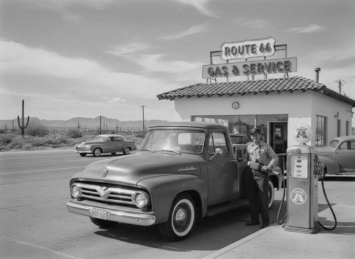 crea un immagine vintage di un vecchio camion anni 50 fermo ad una stazione di servizio sulla rute 66 americana