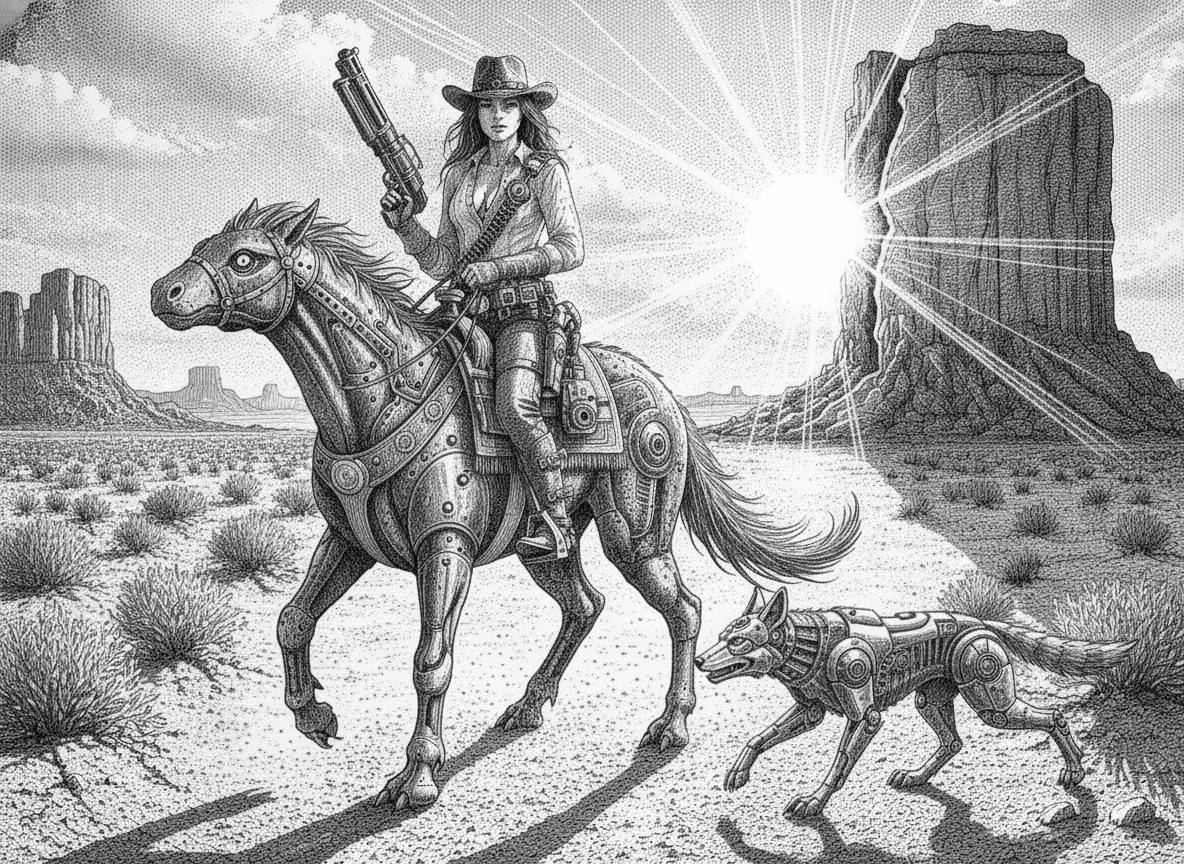 sostituisci la cavalcatura con un cavallo meccanico in stele steampunk, rimuovi il serpente, aggiungi un coyote meccanico che corre al fianco del cavallo