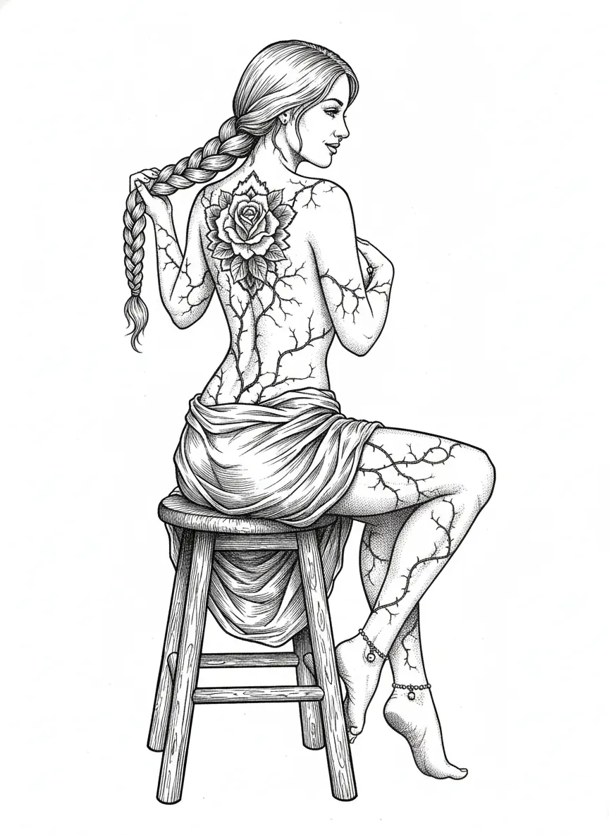 crea l'immagine a figura intera di una ragazza seduta di spalle su uno sgabello di legno. Un drappo di stoffa simile a seta, ma quasi trasparente le copre i fianchi, lasciando scoperte la schiena e le gambe. al centro della schiena, all'altezza delle spalle, c'è un tatuaggio di una rosa incorniciata da rovi con spine, da questo partono altri rovi che raggiungono il fondo schiena, braccia e gambe. mentre si allontanano dalla rosa i viticci si fanno più piccoli e terminano in un anello ai polsi.
La ragazza è leggermente girata, mettendo in vista il seno destro che tiene coperto con la mano, Mentre il braccio sinistro è alzato e la mano sposta una lunga treccia di capelli  biondi che passa sopra la spalla sinistra si appoggia al torace e arriva sul fianco destro fino a toccare lo sgabello.
la gamba destra è distesa e alla caviglia c'è un braccialetto con un ciondolo a forma di campanella.
la gamba sinistra è piegata e appoggiata allo sgabello .
il volto della ragazza è visibile, mostra dei lineamenti delicati un candido sorriso e un piercing al naso a forma di anello sulla narice destra.
crea un immagine con i tratti netti ad alto contrasto con uno sfondo scuro che metta in risalto il disegno, ma che dia allo stesso tempo un idea di movimento.
crea il tutto ottimizzando l'immagine per l'incisione con laser