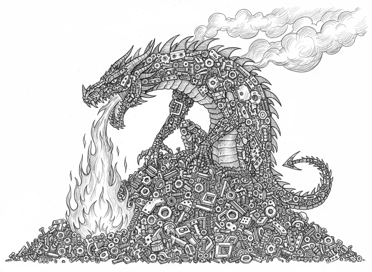 crea l'immagine di un gigantesco drago che sputa fuoco dalla cima di una montagna di pezzi di metalli come viti, dadi, staffe e altre minutet