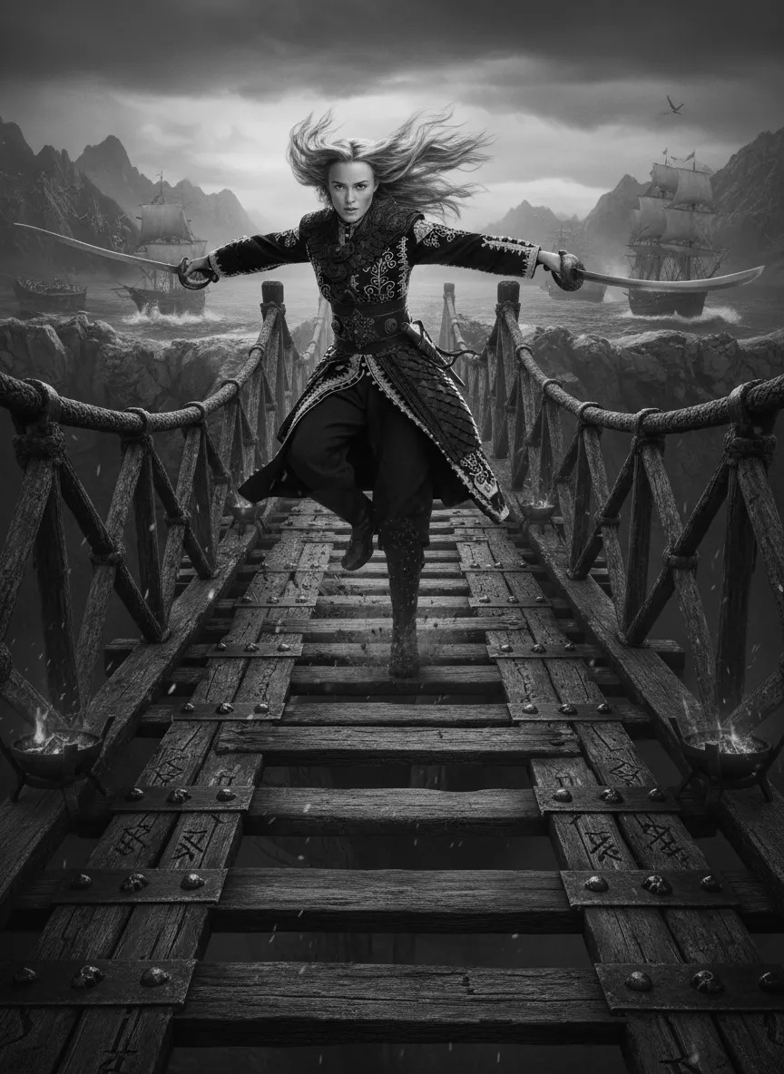 aggiungi  all'immagine la struttura di un ponte di una nane pirata, crea maggior dinamismo nella posa e creando un effetto di movimento dei capelli