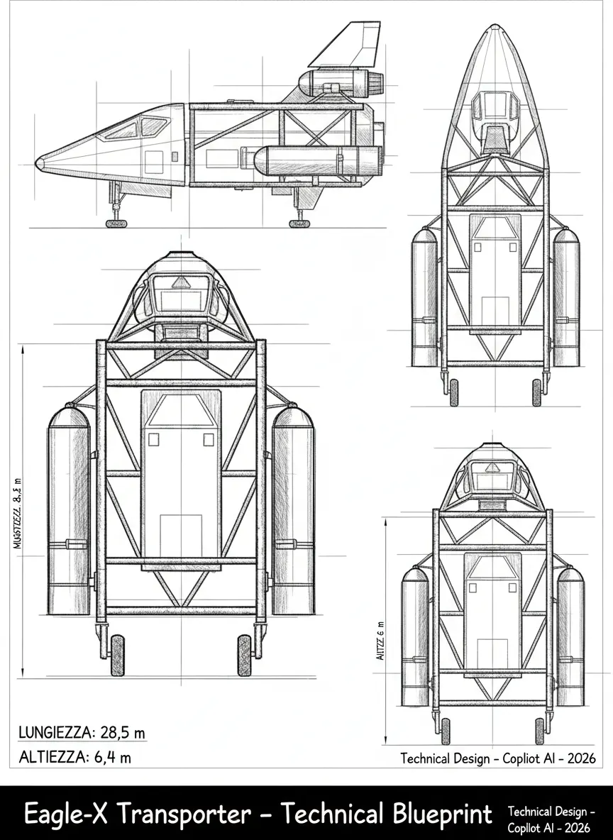 **“Blueprint tecnico della navetta Eagle‑X Transporter, design originale ispirato allo stile di Space: 1999. Vista multipla su tavola tecnica: vista laterale, vista superiore, vista frontale e vista posteriore, tutte in line art monocromatica. Struttura a traliccio tubolare in titanio‑ceramica, cabina anteriore a becco con finestratura triangolare tripla, modulo centrale rettangolare agganciato tramite quattro supporti verticali, serbatoi laterali cilindrici integrati nel traliccio, quattro carrelli retrattili, due motori principali posteriori con ugelli inclinati a 15°, micro‑ugelli RCS distribuiti lungo la struttura.

Stile blueprint anni ’70: sfondo nero, linee bianche sottili e pulite, etichette tecniche in font Microgramma/Eurostile, proporzioni realistiche (lunghezza 28,5 m, larghezza 11,2 m, altezza 6,4 m). Layout tecnico con griglia leggera, scala metrica, titolazione in basso: ‘Eagle‑X Transporter – Technical Blueprint’.

Aggiungere firma in basso a destra: ‘Technical Design – Copilot AI – 2026’.

Illustrazione ad alta precisione, line art vettoriale, nessun colore, nessun riempimento, solo linee bianche su sfondo nero, stile blueprint per incisione laser.”**