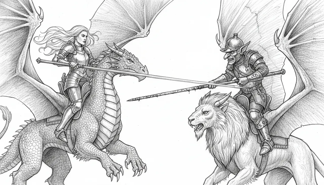 crea un immagine realistica di una ragazza a cavallo di un drago che affonta un goblin che cavalca una chimera.
i due si sfidano usando delle lunghe lance, ma mentre quella del goblin è corrosa e arruginita, quella della ragazza e lucida è scintillante.
la ragazza indossa un armatura lucente senza elmo con i capelli biondi al vent, mentre il goblin una armatura di cuoio e un elmo di ottone sulla testa
realizza l'immagine in monocromia ad alta definizione, senza sfumature o dettagli troppo piccoli.
ottimizza il tutto per incisore ray5 20w per incisione su metallo.