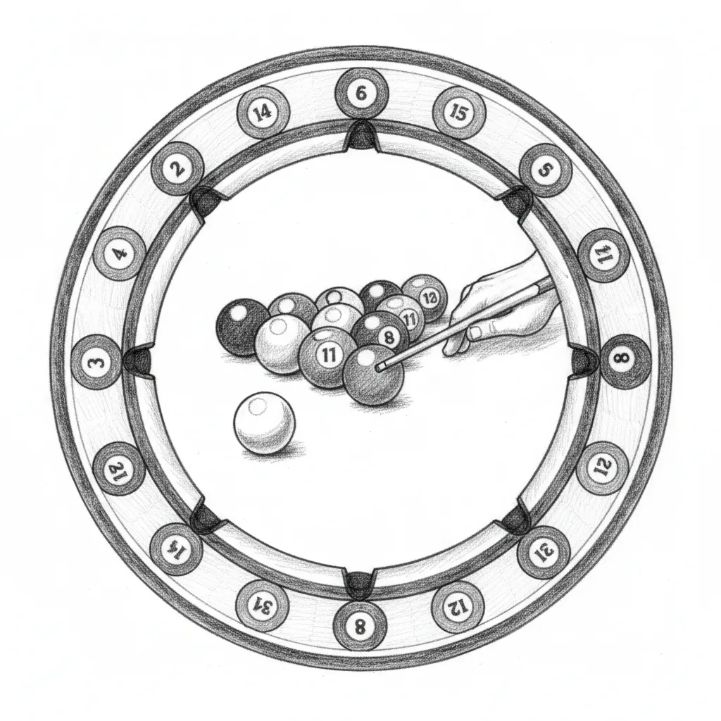 "Grafica circolare con una fotografia centrale di un tavolo da biliardo con palle da biliardo accumulate, una mano che tiene un bastone di stecca che mira alla palla bianca. Intorno al centro c'è un audace anello geometrico in bianco e nero, con palle da biliardo numerate (da 1 a 14, più la palla 8) disposte uniformemente intorno al bordo esterno. Stile pulito e ad alto contrasto, dettagli nittidi, colori vivaci sulle palle da biliardo, composizione circolare senza soluzione di continuità, rapporto d'aspetto quadrato 1:1, estetica grafica audace, centro fotografico realistico mescolato a bordo decorativo stilizzato."