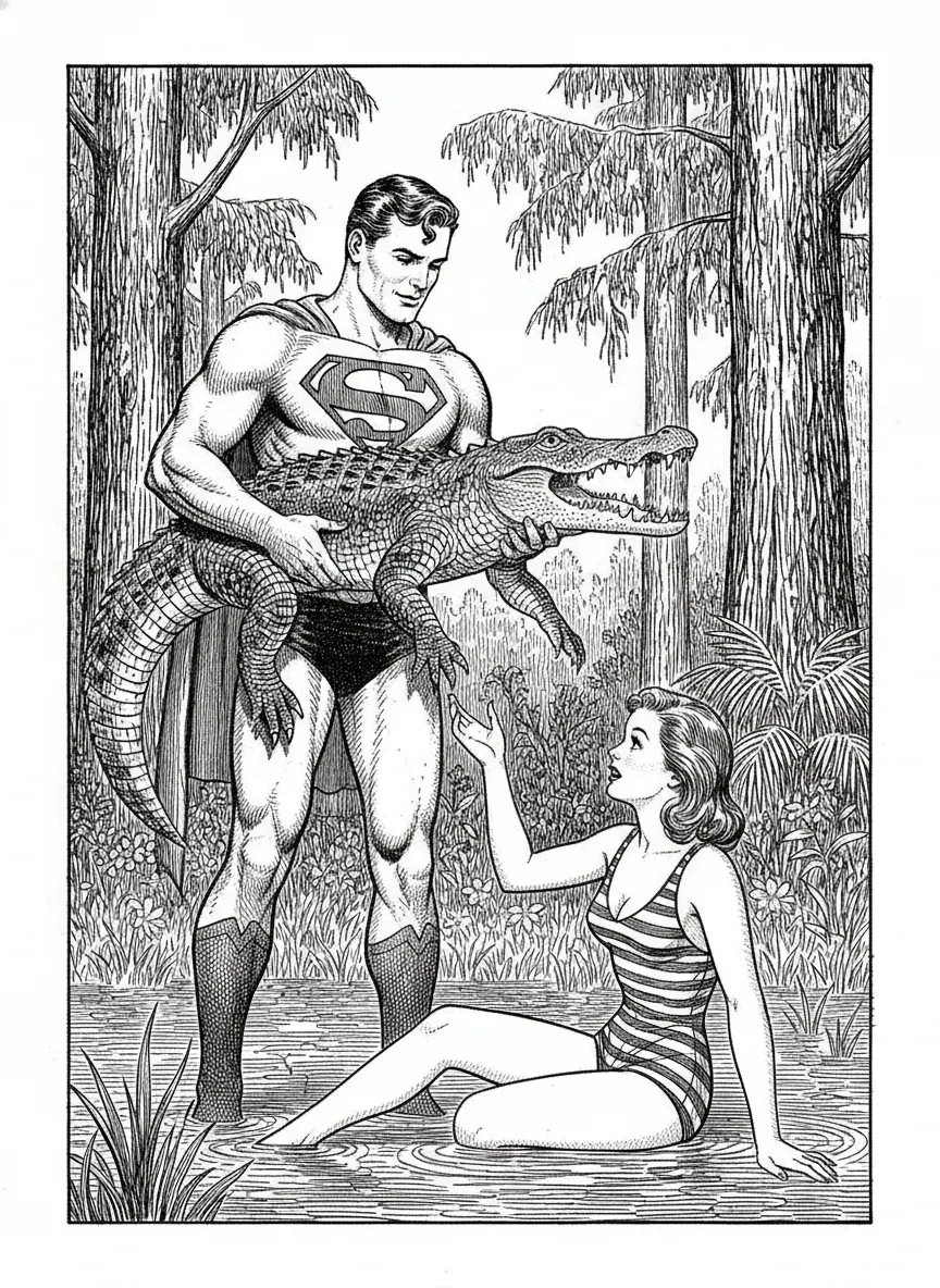 crea l'immagine realistica di Superman che salva una ragazza in cerca di refrigerio in una torrida giornata estiva, dall'attacco di un grosso alligatore, che viene tenuto sotto il braccio sinistro dell'eroe come se fosse un piccolo animale domestico, mentre porge la mano destra alla povera vittima , in costume da bagno, che è seduta nell'acqua vicino alla riva.
l'ambientazione una palude della florida contornata dalla vegetazione