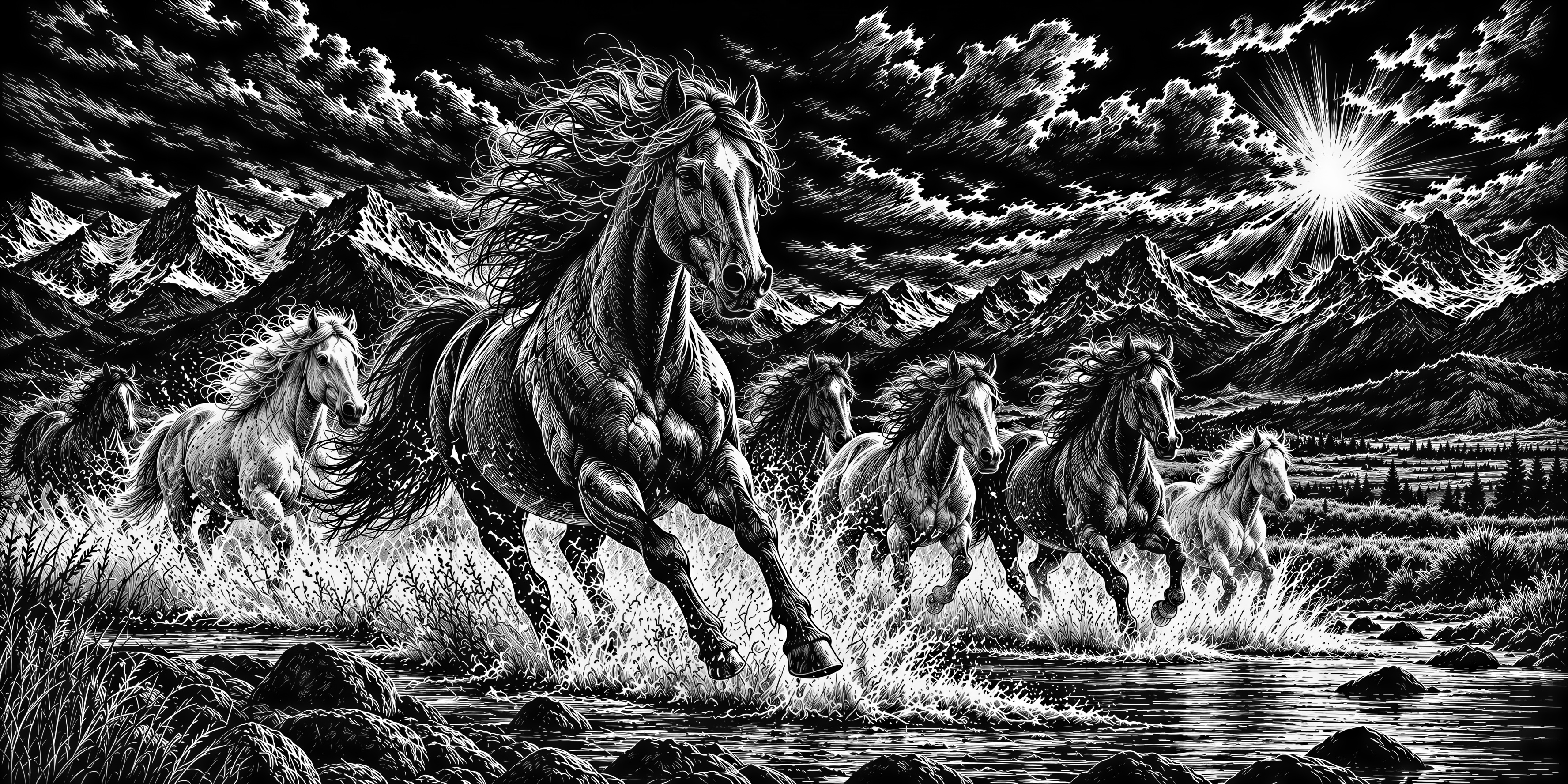 Wild Horses Galloping River Mountains Sunrise - Téléchargement PNG ...