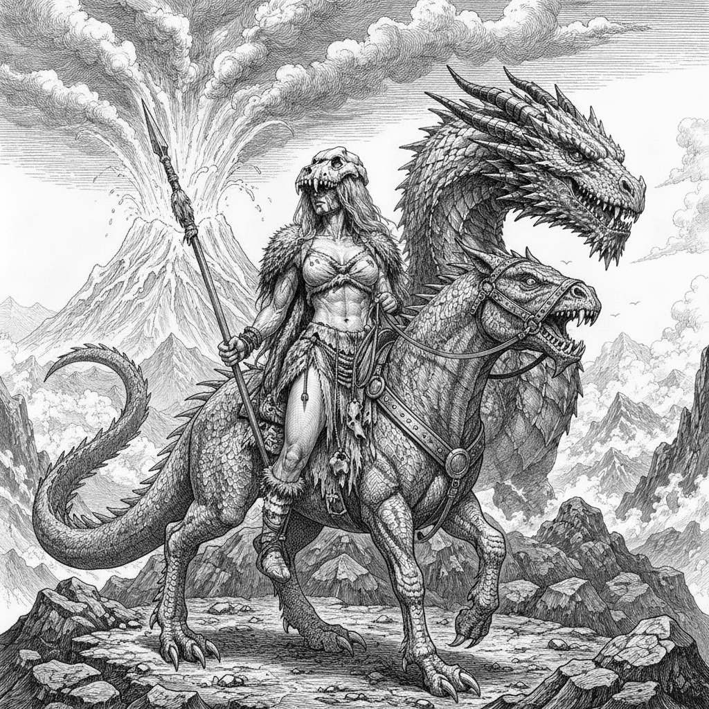 metti la donna a cavallo di una creatura simile a drago con la forma simile a un cavallo dotato di sella e briglie. la cavalcatura non ha ali, ma grandi artigli e e zanne che spuntano da una bocca minacciosamente aperta. mantieni l'ambientazione , aggiungi una grande vulcano in eruzione sullo sfondo . mantieni gli elementi dell'abbigliamento della donna. mantieni lo stile del disegno originale