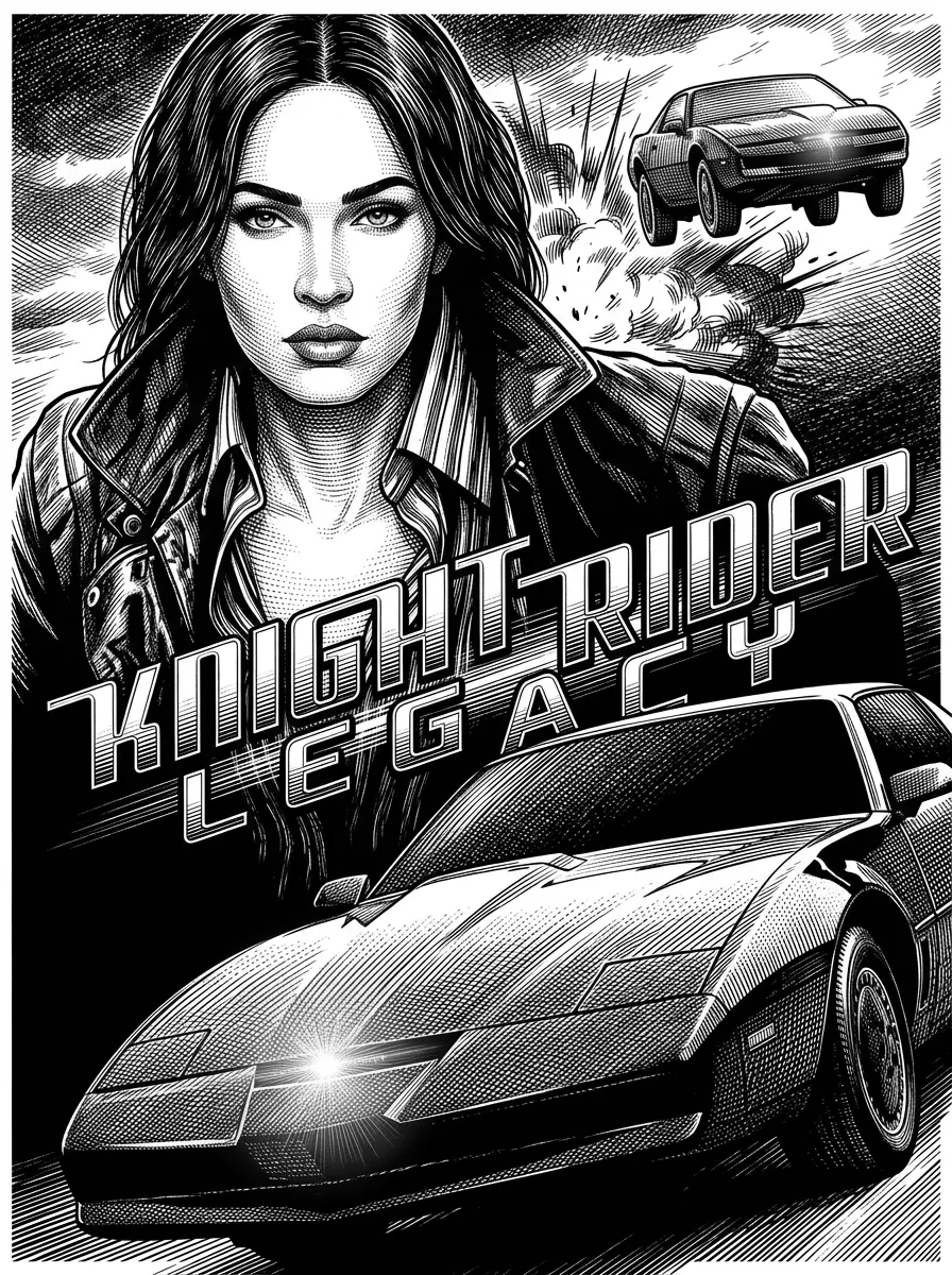 usando l'immagine come esempio, crea una nuova immagine:
auto rossa con una luce blu anteriore che sostituisce quella rossa
sostituisci il volto di Hasselhoff con Megan fox
crea un nuovo logo con scritto Knight Rider Legacy